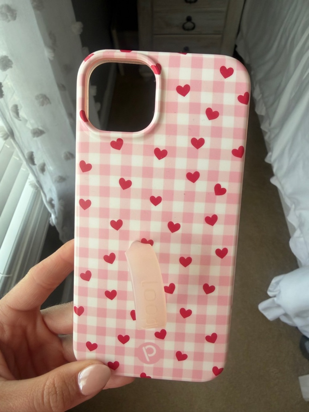 Loopy Case Pink Gingham Phone Case with Red Hearts and Grip for iPhone 15 plus